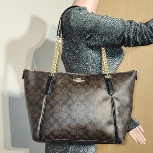 Coach Dark Brown Signature Tote with Gold Chain